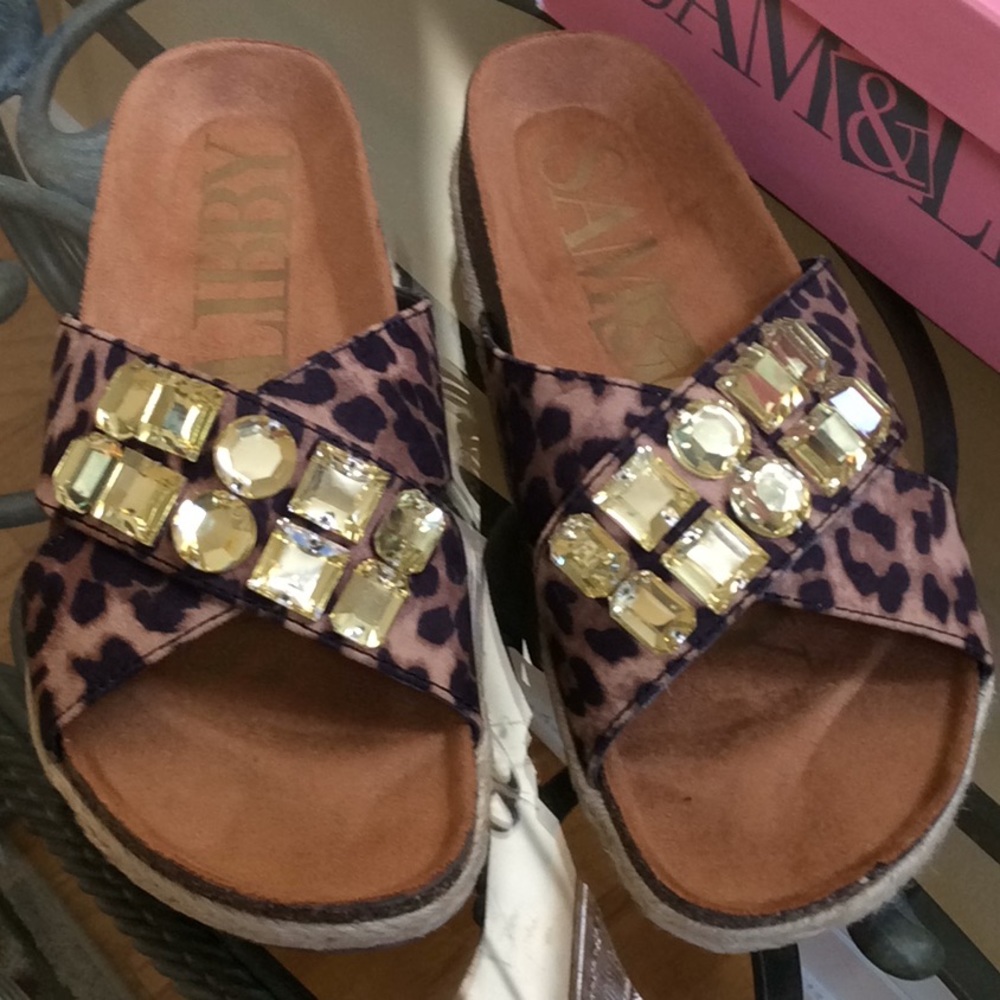 NIB Sam & Libby jeweled x band Leopard Slides sz 7 - Picture 2 of 6